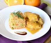 Frango na Laranja com Arroz Integral, Cenoura, Vagem, Ervilha